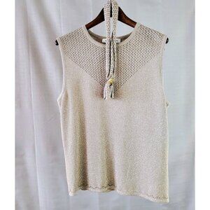 Vintage St. John Metallic Knit Sleeveless Top With Gold Button Accented Necktie